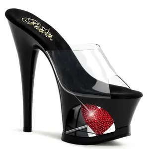 Women's Classy Stylish Fashion Platform High Heels - 7-Inch Transparent Slide Footwear with Rhinestone Heart Accent - Moon-701HRS